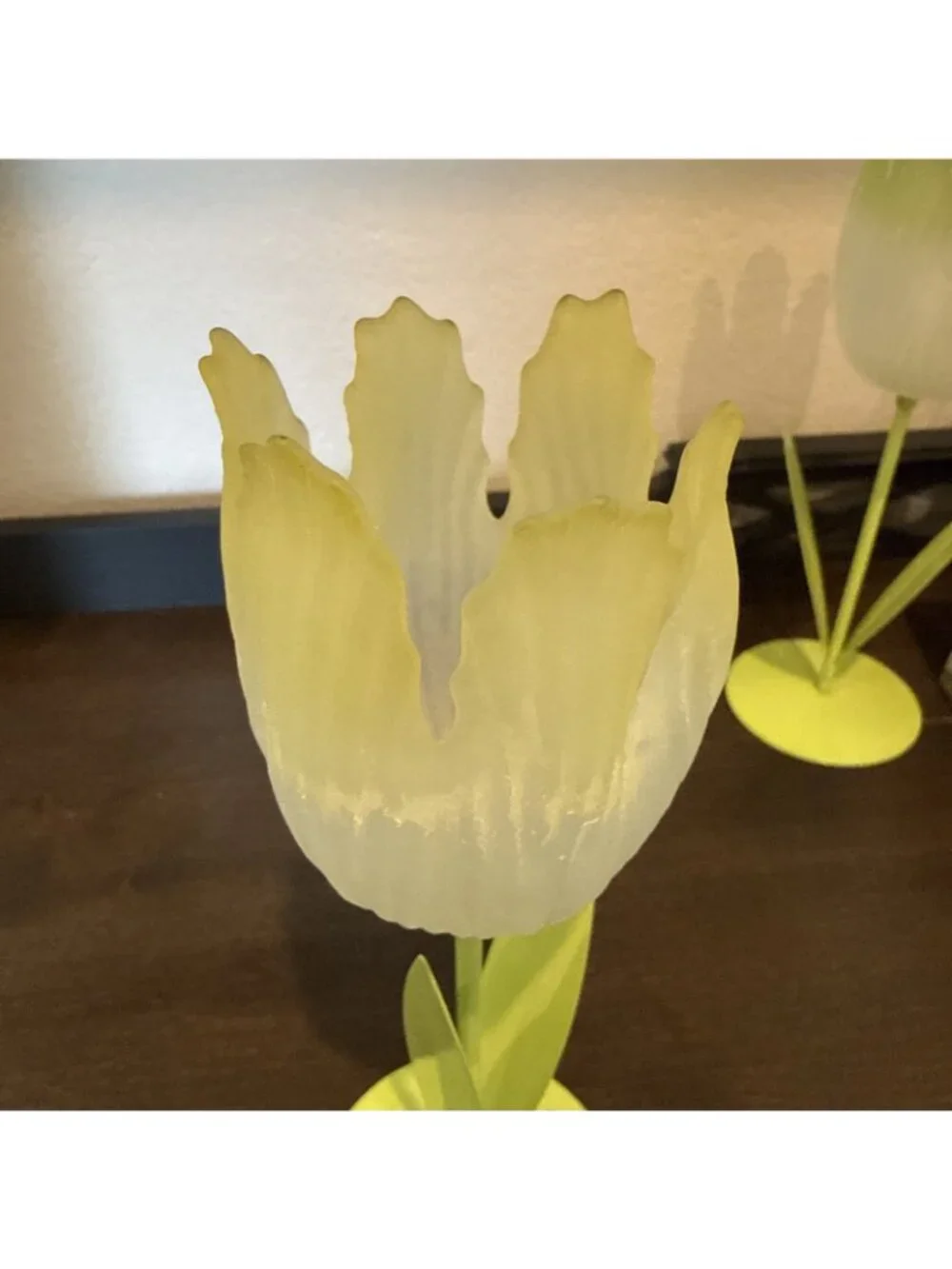 Vtg Lime - Yellow Frosted Tulip Flower Votive Tea Light Candle Holders Glass Mtl
